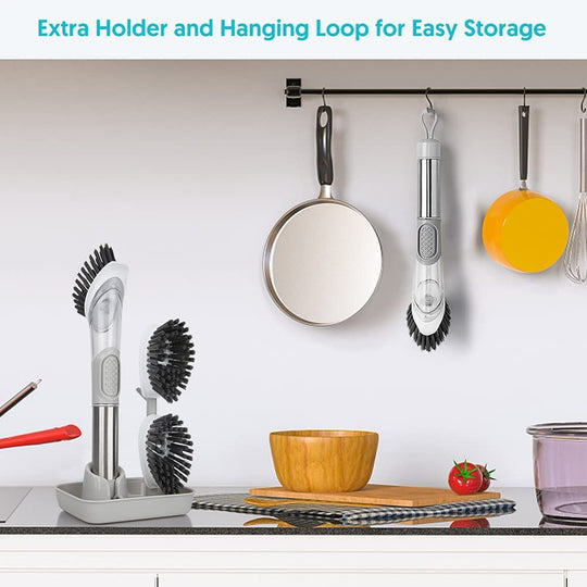 Soap Dispensing Dish Brush Set Kitchen Scrub Brush with Stand 3 Brush Replacement Heads