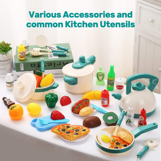 40PCS Kids Kitchen Pretend Play Toys Cooking Set with Pots and Pans Cookware Cutting Play Food Great Gift for Toddles Infant Boys Girls Play Inside