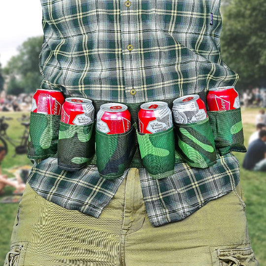 6 Pack Beer & Soda Can Holster Belt, Camo Adjustable Waist