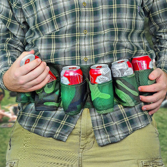 6 Pack Beer & Soda Can Holster Belt, Camo Adjustable Waist