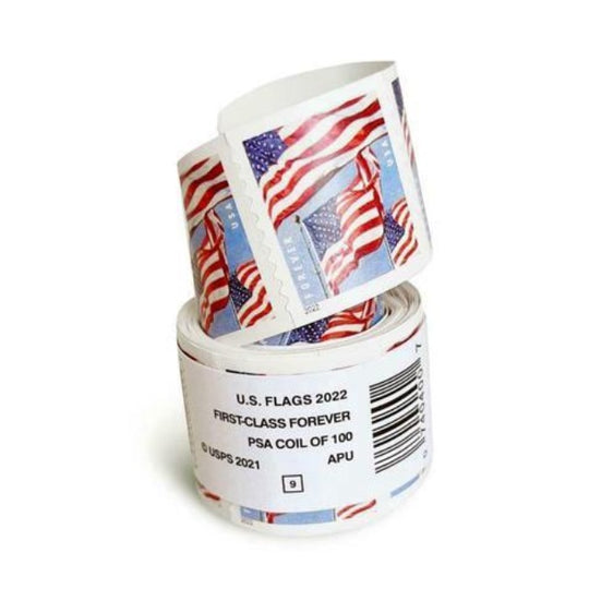 USPS FOREVER STAMPS US Flag, Coil of 100 Postage Stamps (2022)