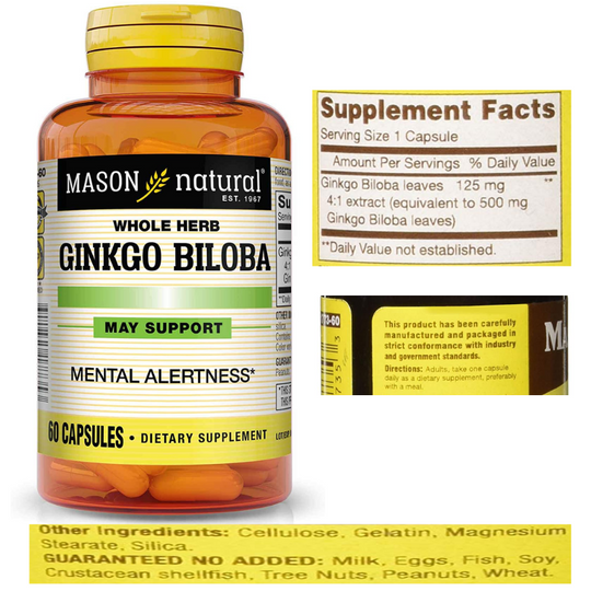 60 Capsules Natural Ginkgo Biloba - Brain Health Supplement