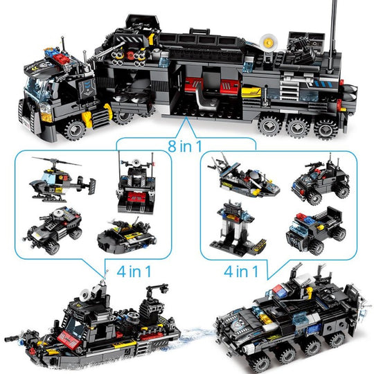 8 in 1 695pcs SWAT Police Command Truck Building Blocks Set