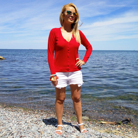 Red Women's V-Neck Button-Up Cardigan