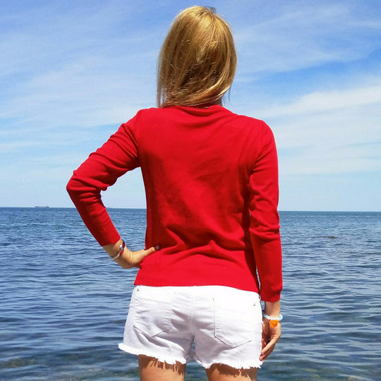 Red Women's V-Neck Button-Up Cardigan