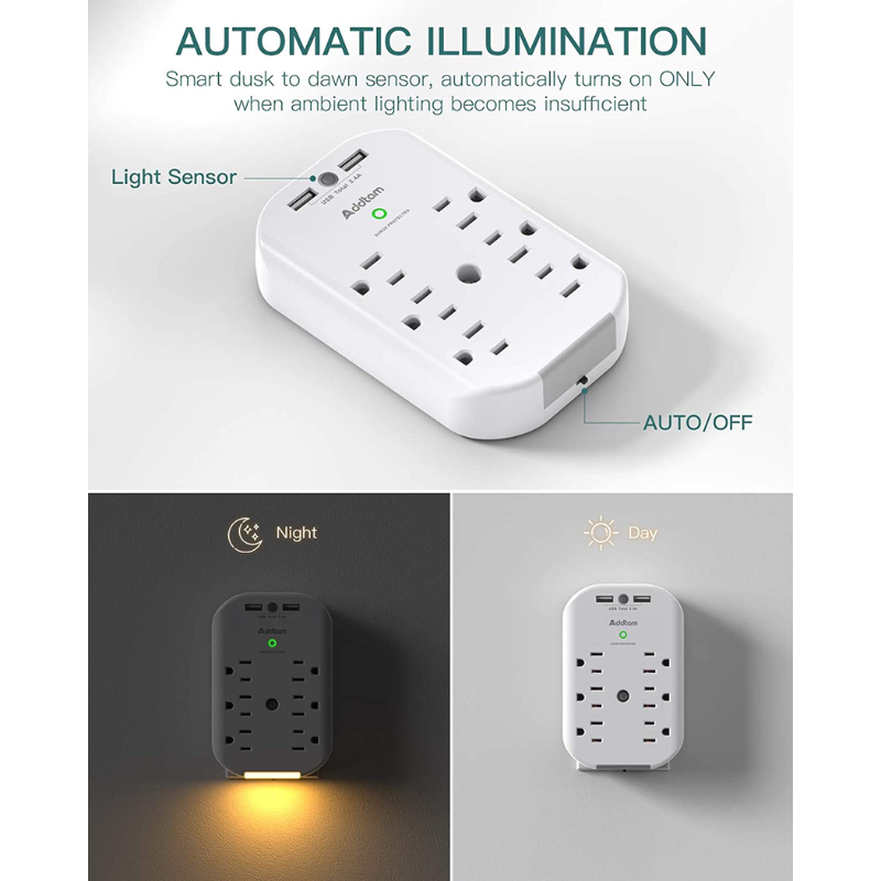 6-Outlet Extender Surge Protector with 2 USB Charging Ports and Night Light