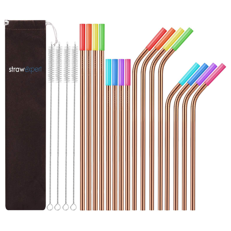 StrawExpert 16 Pack Rose Gold Reusable Metal Straws with Silicone Tip & Travel Case & Cleaning Brush,Long Stainless Steel Straws Drinking Straw for 20 and 30 oz Tumbler