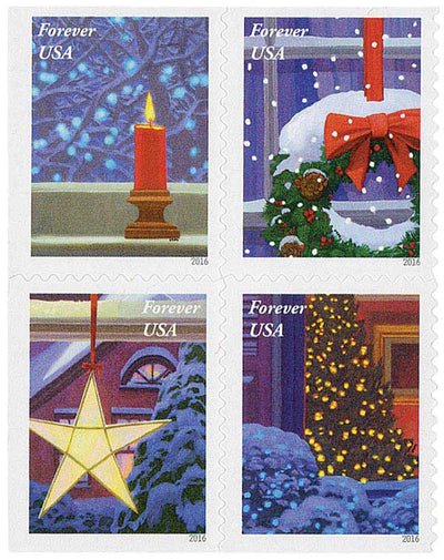 USPS Contemporary Christmas: Holiday Windows 2016 Forever Stamps - Booklet of 20 Postage Stamps