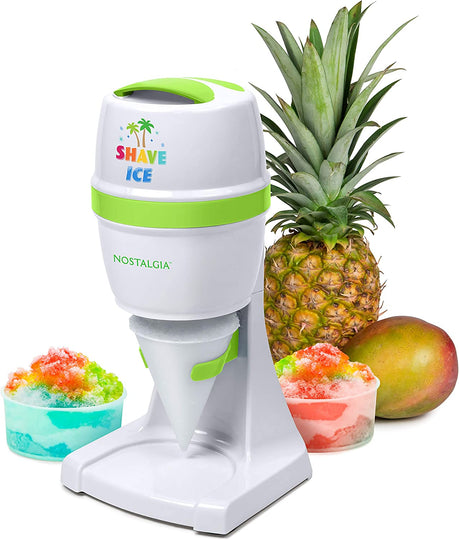 Electric Hawaiian Table-Top Snow Cone Maker, Shaved Ice Machine Includes 1 Reusable Plastic Cup and Ice Molds, White/Green