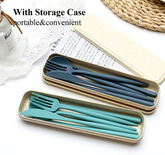 4 Sets Plastic Spoons and Forks Set Plastic Silverware, Portable Reusable Utensils Set with Case for Lunch Box, Picnic, Travel, Camping