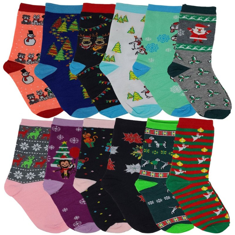 12 Pairs Women's Christmas Novelty Fun Design Crew Socks