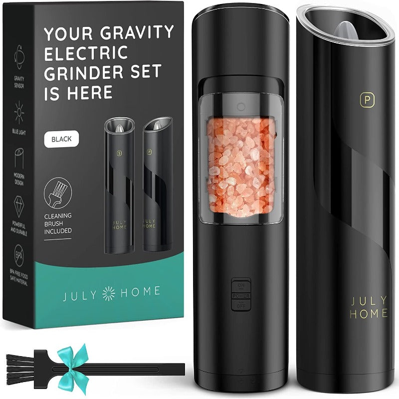 2 Piece Gravity Electric Salt and Pepper Grinder Set - Battery Operated, Adjustable Coarseness, One Hand Operation with LED Light and Cleaning Brush