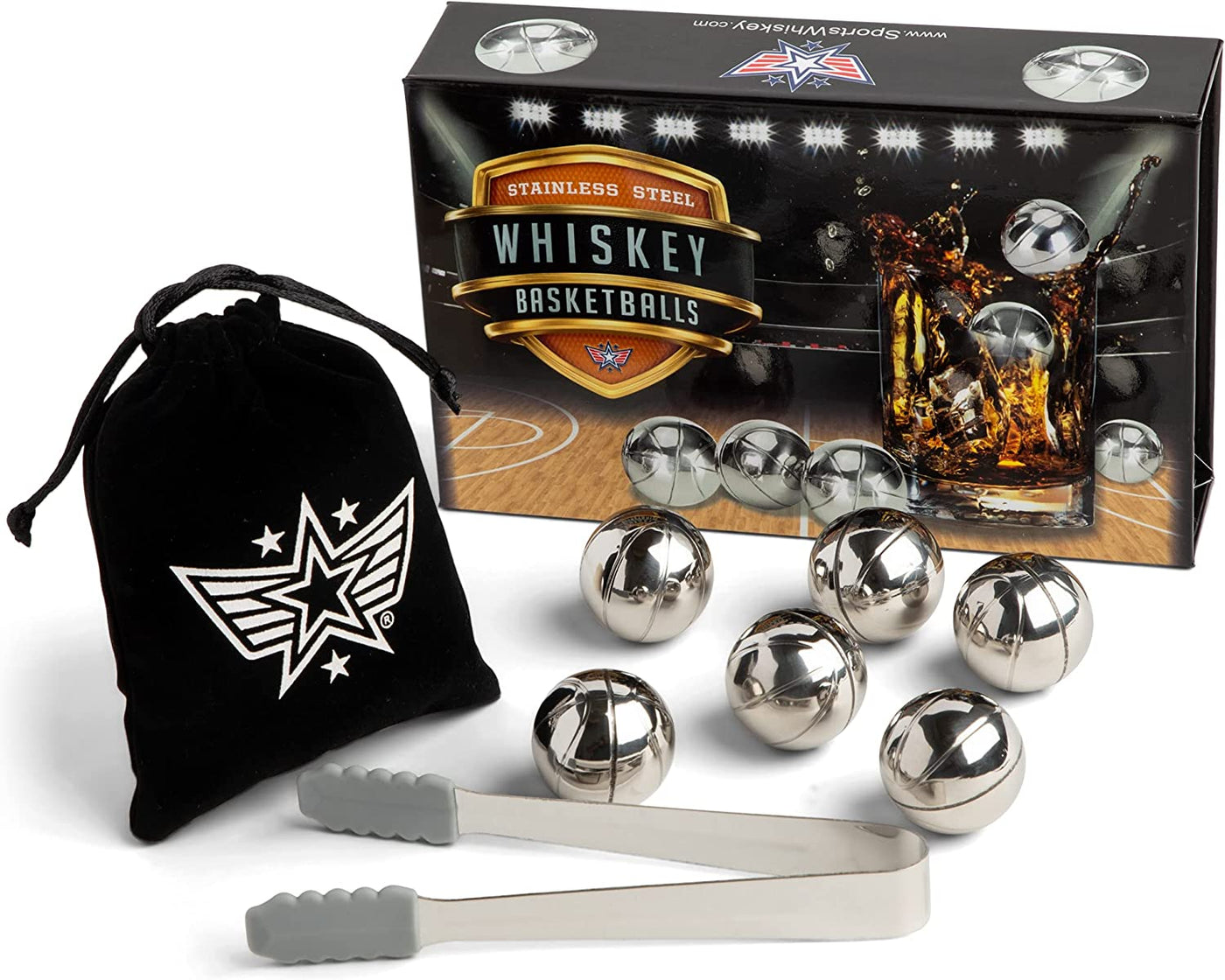 Basketball Whiskey Stones - Set of 6 Reusable Stainless Steel Whiskey Stones with Free Stainless Steel Tong and Velour Storage Bag for Whisky, Bourbon, Scotch & Wine