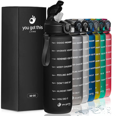 Motivational Water Bottle with Time Marker, 32 oz Water Bottle, Sports Water Bottle with Spout, Achieve All-Day Hydration SpillProof, BPA FREE