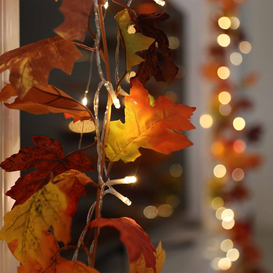 2 Pack Fall Maple Garland with 40 LED for Home Wedding Party Christmas - 5.8Ft/Pc