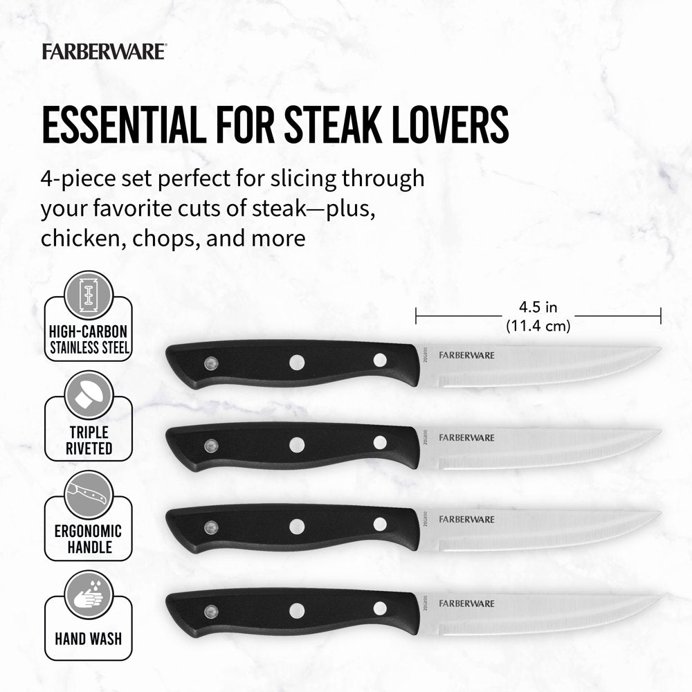 Farberware Classic Set of 4 4.5-Inch Full Tang Triple Riveted Steak Knife with Black Handle