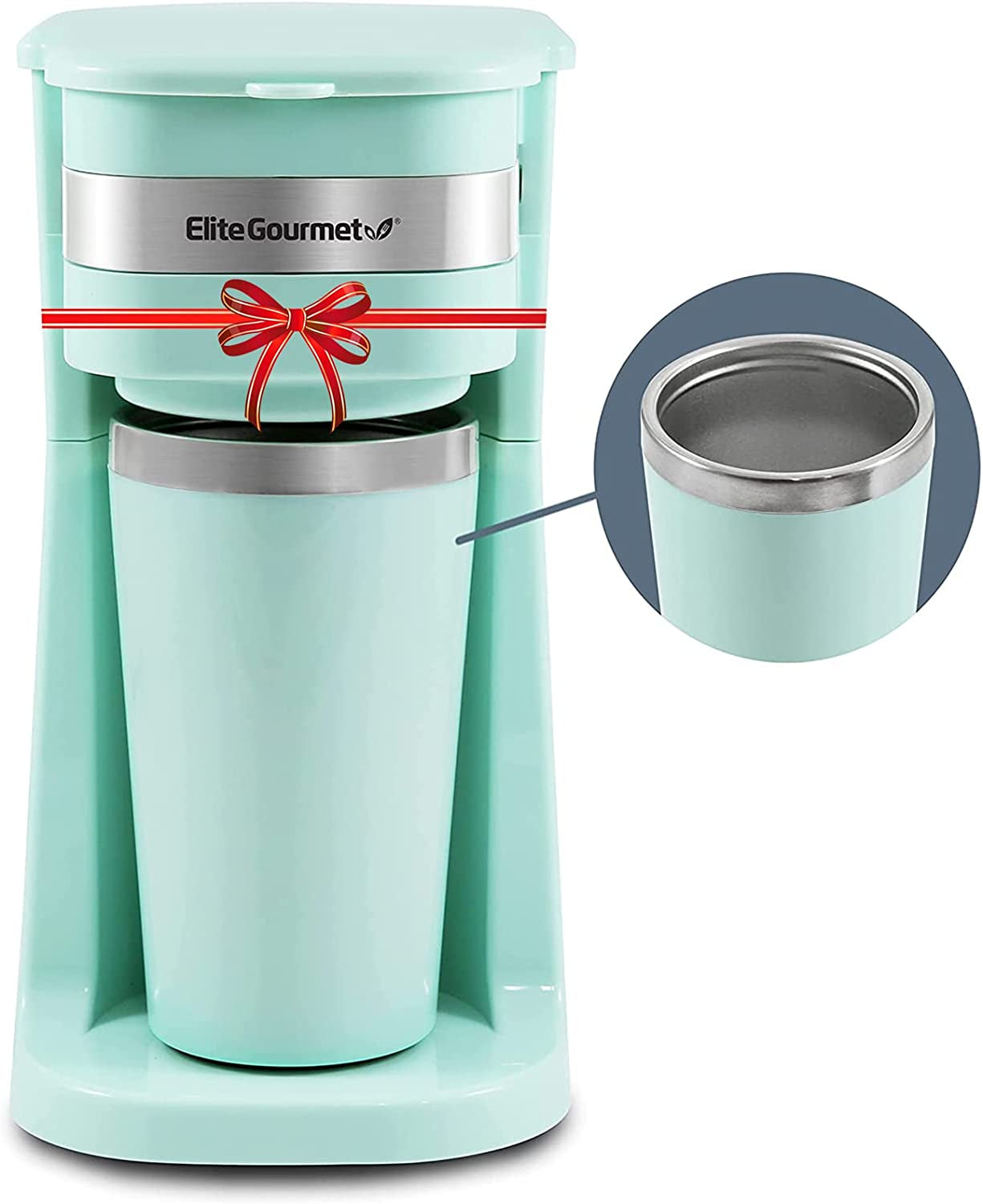 Personal Single-Serve Compact Coffee Maker Includes 14oz. Stainless Steel Interior Thermal Travel Mug