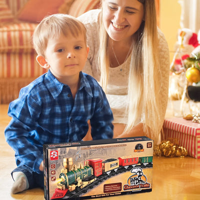  Electric Train Toy  W/ Lights & Sound, Railway, Locomotive Engine, Cargo Cars, 3 Cars &10 Tracks