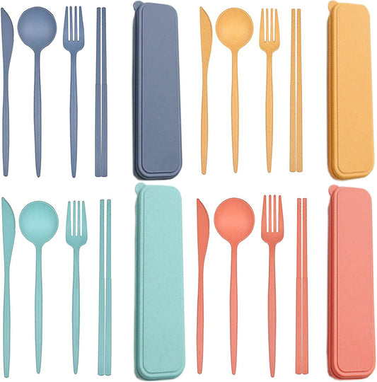 4 Sets Plastic Spoons and Forks Set Plastic Silverware, Portable Reusable Utensils Set with Case for Lunch Box, Picnic, Travel, Camping