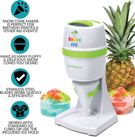  Electric Hawaiian Table-Top Snow Cone Maker, Shaved Ice Machine Includes 1 Reusable Plastic Cup and Ice Molds, White/Green