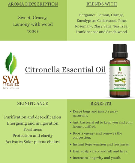 SVA Citronella Essential Oil - 1/3 Oz (10 ML) 100% Pure & Natural Therapeutic Grade Oil for Skin, Body, Diffuser, Candle Making