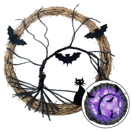 Bat Black Cat Wreath Festive Atmosphere for Front Door Wall Decor (40Cm)