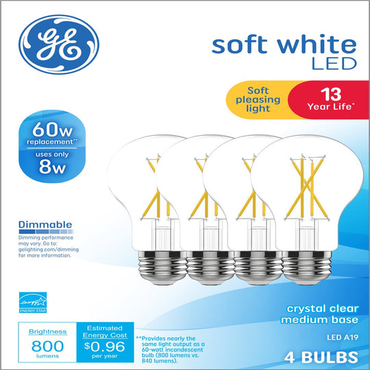 4Pk GE Soft White LED Light Bulbs, 60 Watt Eqv, A19 General Purpose