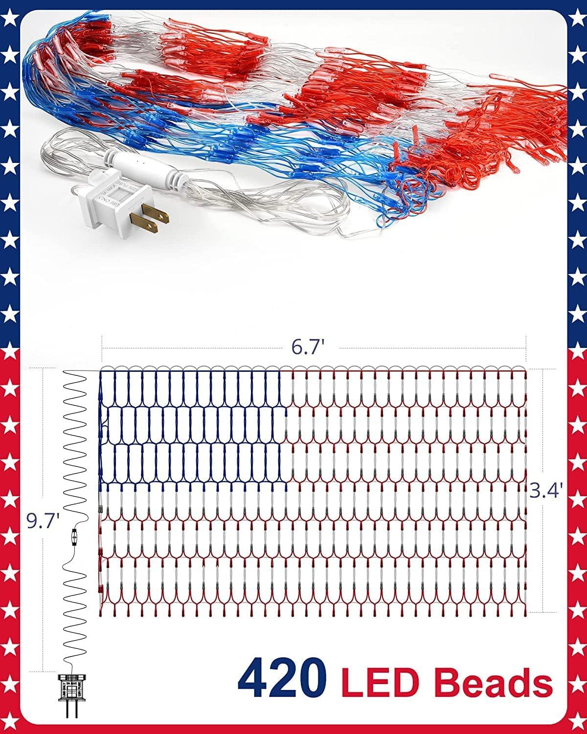  LED American Flag Lights for Outdoors, IP44 Waterproof 420 LED USA Flag Net Light for Christmas, Fourth of July, Memorial Day, Independence Day, Veterans Day