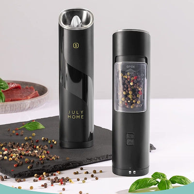 2 Piece Gravity Electric Salt and Pepper Grinder Set - Battery Operated, Adjustable Coarseness, One Hand Operation with LED Light and Cleaning Brush