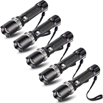 Pack of 5 LED Tactical Flashlights, Zoomable Adjustable Focus, IP65 Water-Resistant Torch, Super Bright Light with 5 Light Modes