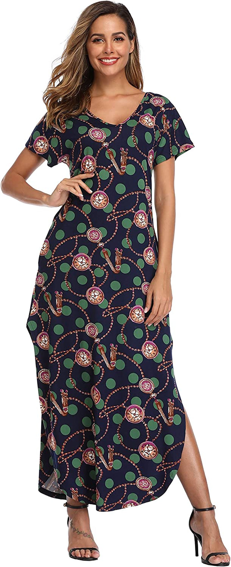 VEW Store Women's Maxi Dress Floral Printed Long Casual Beach Party Dress with Pocket