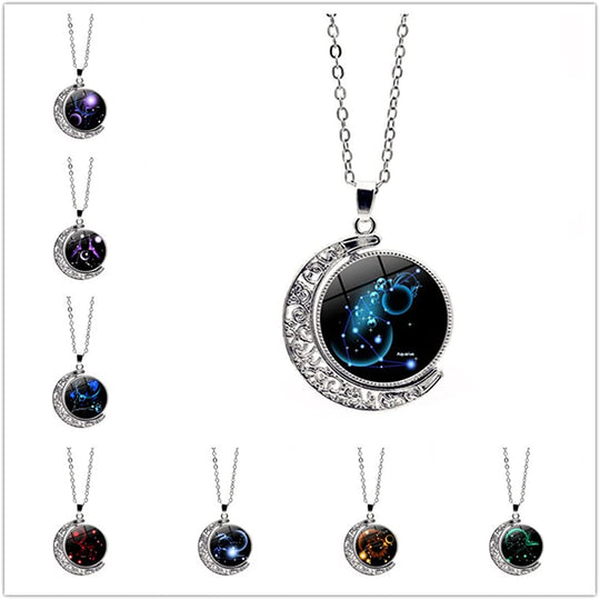 Zodiac Necklace Jewelry Birthday Gifts Astrology 12 Constellation Horoscope Sign Galaxy Crescent Half Moon Pendant Necklace