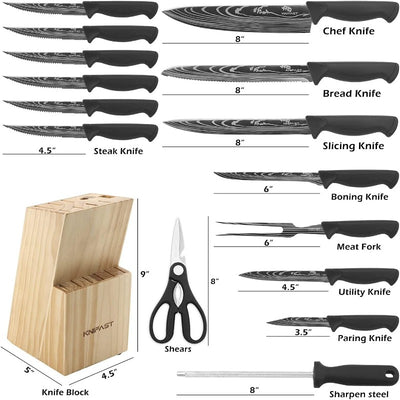 16 Piece Kitchen Block Knife Set With Boning Knife and Carving Fork