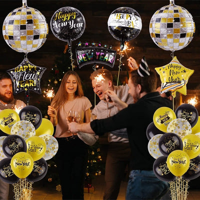 40 Pack Happy New Year Balloons Set - Foil Balloons and Latex Balloons - Black and Gold Decorations