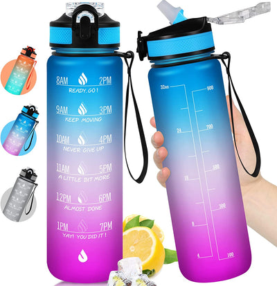  32oz Motivational Water Bottle with Times to Drink,Time Marker & Removable Strainer,Fast Flow,Leakproof Tritan BPA Free Non-Toxic Water Jug for Fitness,Gym,Sports