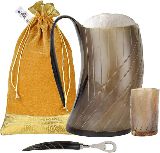 Engraved Medieval Norse Style Polished Drinking Horn Mug - with Horn Shot Glass | Bottle Opener | Golden Gift Bag | Large Horn Spoon | 20 Oz. (Carved Mug)