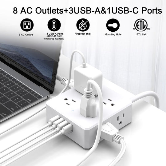 6 Ft Extension Cord Power Strip, 3 Side 8 Widely Surge Protector Outlets with 4 USB Ports,Flat Plug,Wall Mount,Etl,White