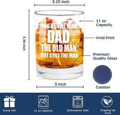 You're The Man, Dad Funny Whiskey Glasses Gift for Dad - Novelty Birthday, Fathers Day, Christmas Gift for Dad, Men, His, Unique Gift Idea for Him from Kids, Daughter, Son, Present for Dad, 11oz