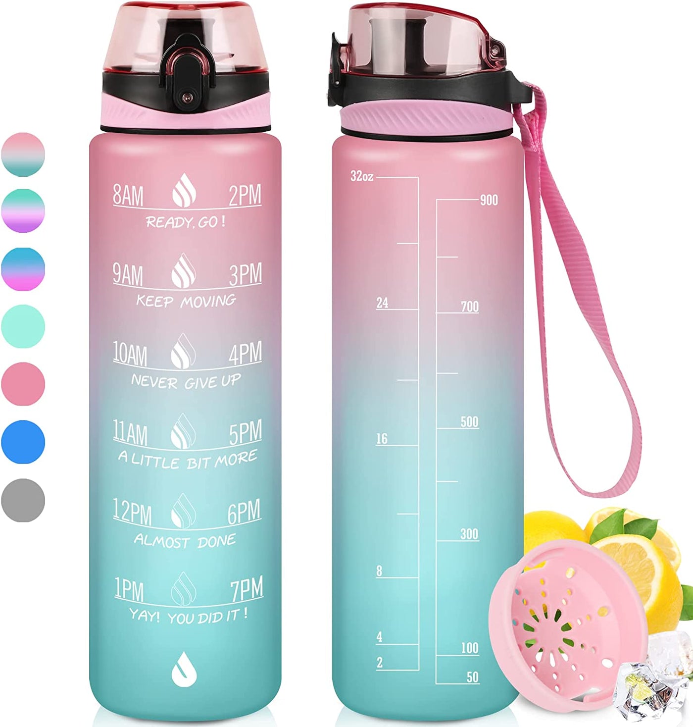  32oz Motivational Water Bottle with Times to Drink,Time Marker & Removable Strainer,Fast Flow,Leakproof Tritan BPA Free Non-Toxic Water Jug for Fitness,Gym,Sports