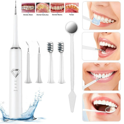 Dental Tartar Calculus Tooth Stain Remover Electric Toothbrush Kit with 4 Cleaning Heads, 4 Modes, Oral Mirror, USB Charger