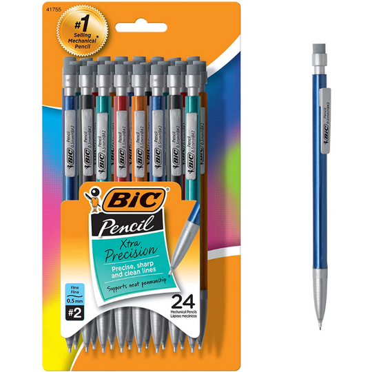 BIC Xtra-Precision Mechanical Pencil, Metallic Barrel, Fine Point (0.5mm), 24-Count, Doesn't Smudge and Erases Cleanly