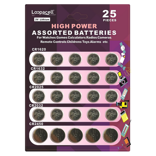 Pack of 25 High Power Button Cell 3V Lithium Assorted Batteries CR2032 CR2025 CR2450 CR1620 CR1632