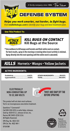 Raid Wasp & Hornet Killer Spray, Kills the entire nest, Kills Paper Wasps, Yellow Jackets, Mud Daubers and more, 14 oz (Pack of 2)