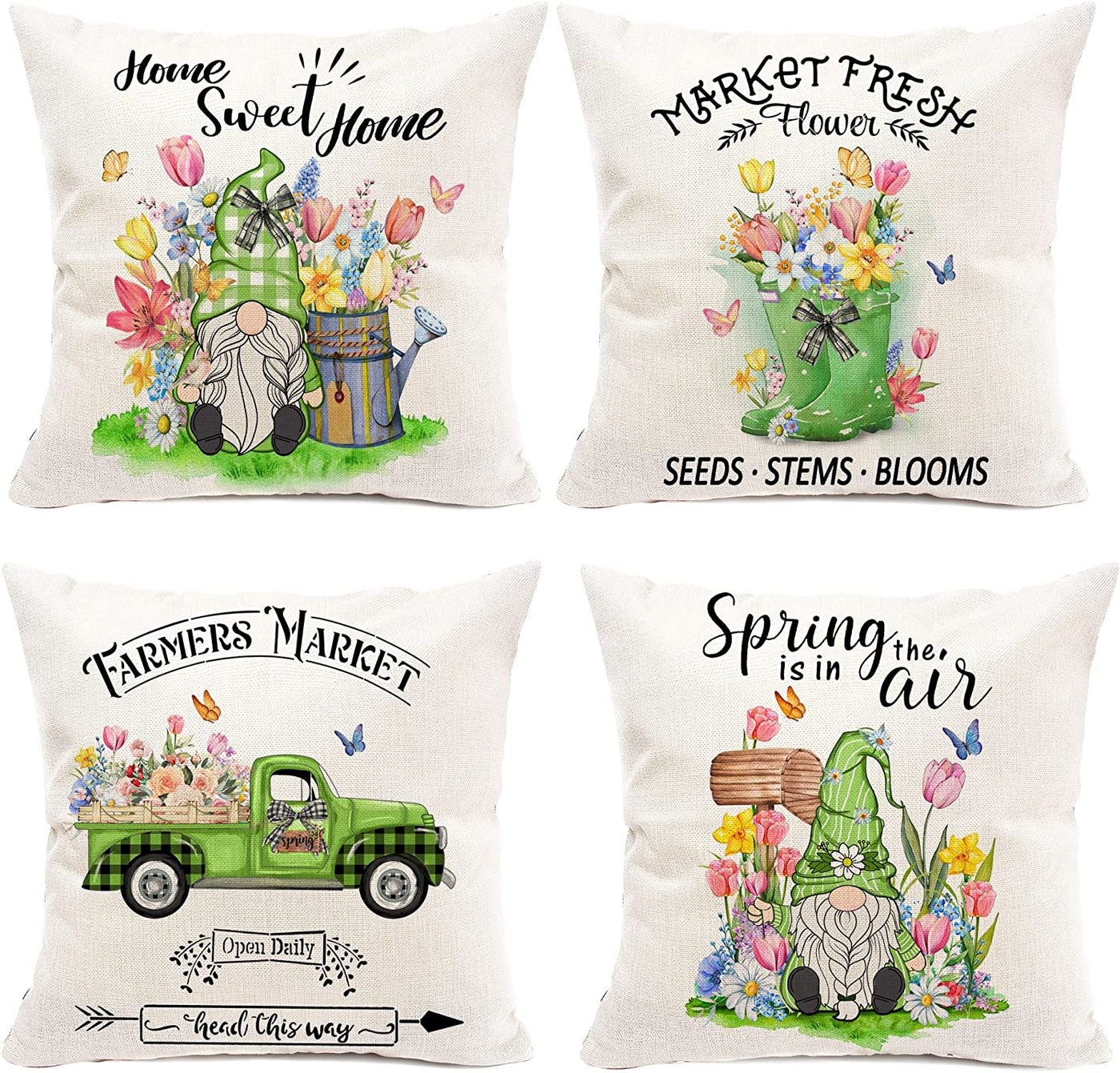 Set of 4 Farmhouse Spring Gnomes Pillow Cases