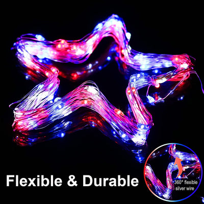 4th of July Patriotic Decorations for Home Outdoor Lights-Red White Blue Solar String Lights,2Pack Each 100LED 33ft 