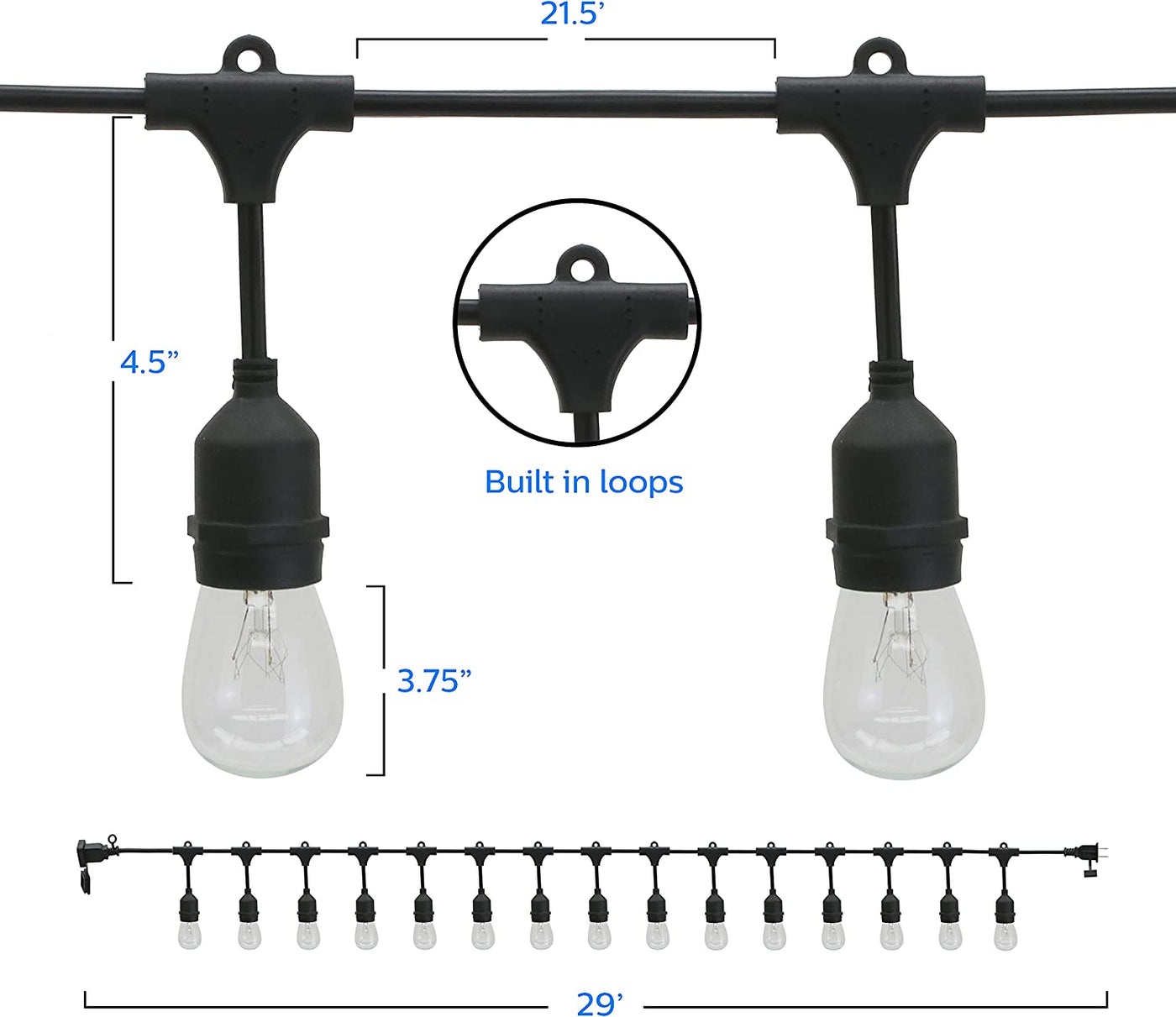 PHILIPS 29 FT Outdoor String Lights with 15 Clear Incandescent Bulbs & Black Wire - Durable & Weatherproof 