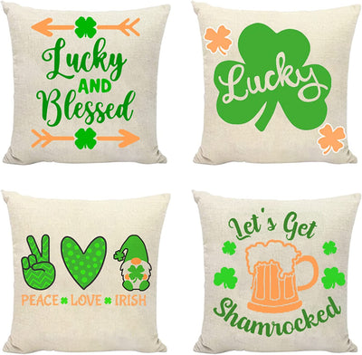 Set of 4, Happy St. Patrick's Day Green Shamrocks Pillows Cases 