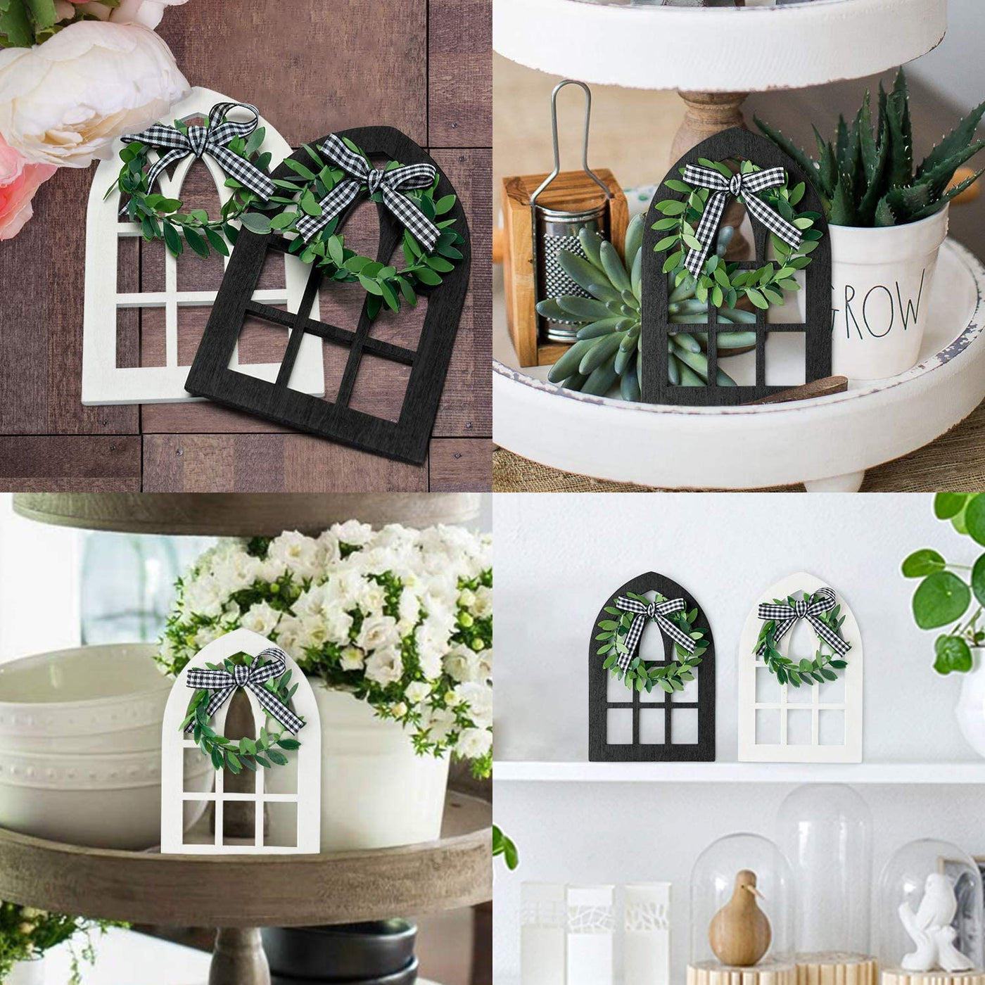  2Pcs Wooden Farmhouse Window Tiered Tray Decoration