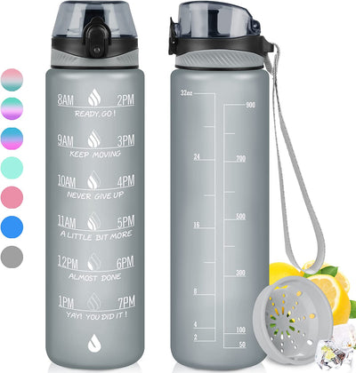  32oz Motivational Water Bottle with Times to Drink,Time Marker & Removable Strainer,Fast Flow,Leakproof Tritan BPA Free Non-Toxic Water Jug for Fitness,Gym,Sports