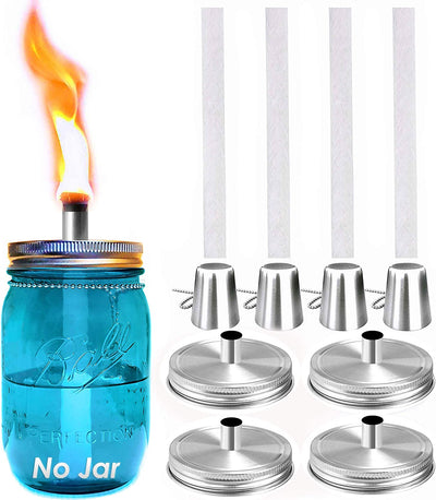 4 Pack Mason Jar Tabletop Torch Kits, Longlife Fiberglass Wicks,Stainless Steel Mason Jar Lids Caps Included,Outdoor Deck Oil Lamp Torch